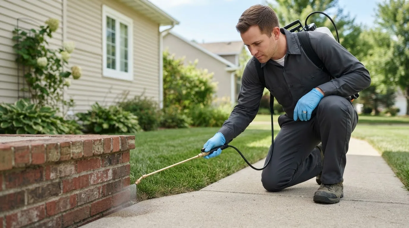 Pest control technician treating a home near Home, KS